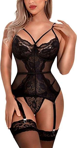 Aranmei Women Sexy Lingerie Set with Garter Belt Lace Teddy Bodysuit V Neck Babydoll Set with Panty
