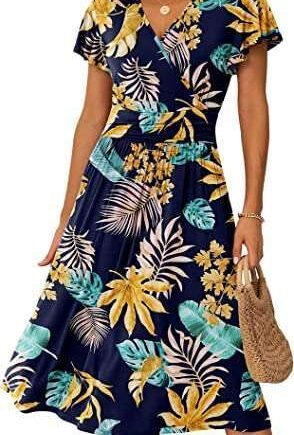 GRECERELLE Womens Summer Wrap Dress Ladies Casual Ruffle Short Sleeve V-Neck Floral Beach Dresses for Women