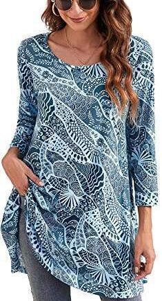 Enmain Womens Casual Tunic Top 3/4 Long Sleeve Longline Blouse Ladies Swing Tunic Top Loose Blouse T Shirt Round Neck Stretch Comfortable Holiday