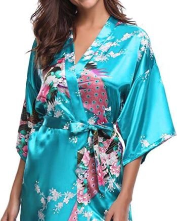 Hyppry Women's Kimono Dressing Gowns Peacock and Blossoms Style Robe for Women Short Silk Bride and Bridesmaid Robes Ladies Nightgown Sleepwear