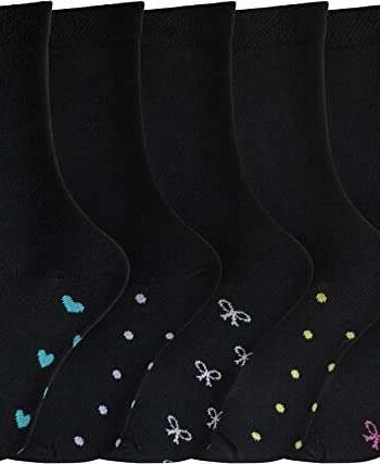 Ladies/Womens Multi pack of Black Cotton Rich Cute Thin Dress Socks with Bows & Hearts