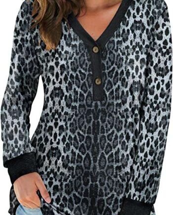 AUSELILY Women's Long Sleeve V-Neck Button Tops Henley Blouse Causal Loose T Shirt