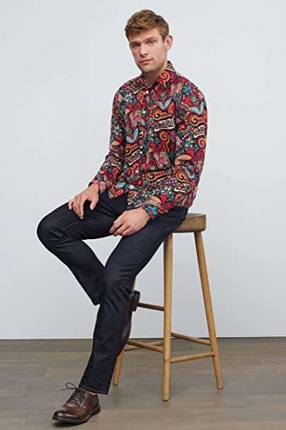 HISDERN Men's Red Shirts Long Sleeve Floral Printed Shirt Funky Fancy Festival Dress Shirts Regular