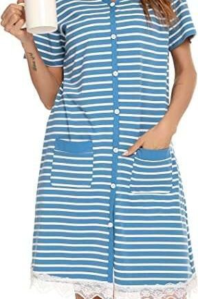 Vlazom Women’s Nightdresses Cotton Soft Nightshirt Stripes Long Sleeve Sleep Dress Sleepwear with Pockets UK