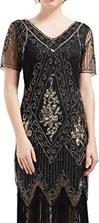 BABEYOND 1920s Flapper Fringed Sequin Dress Roaring 20s Fancy Dress Gatsby Costume Dress V Neck Vintage Beaded Evening Dress