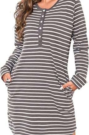 Vlazom Women’s Nightdresses Cotton Soft Nightshirt Stripes Long Sleeve Sleep Dress Sleepwear with Pockets