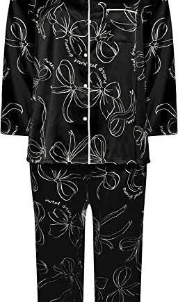 Yours Curve Bow Print Satin Pyjama Set - Women's - Plus Size Curve