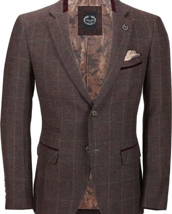 Xposed Carter Mens Red Brown Tweed Jacket Classic Velvet Trim Tailored Fit Blazer