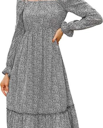 KOJOOIN Women's Dress Casual Dress Long Sleeve Square Neck Dress Midi Dress Floral Dress Flowy Dress (Reusable Packaging)