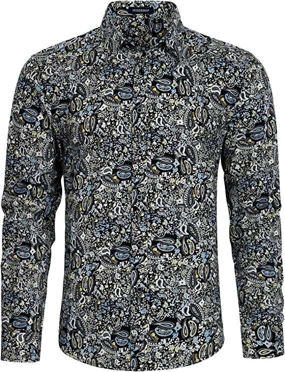 HISDERN Paisley Shirts for Men Floral Shirt Long Sleeve Funky Fancy Printed Festival Dress Shirts Regular Fit