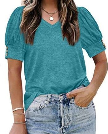 Aokosor T Shirts for Women V Neck Tops Ladies Button Puff Sleeve Summer Casual Tee