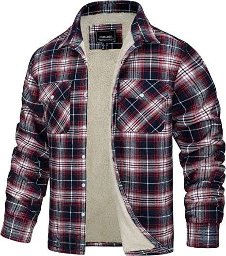 TACVASEN Men's Jackets Fleece Checked Shirt Jacket Flannel Work Jackets Lumberjack Shirt Casual Button Down Coat with Pockets
