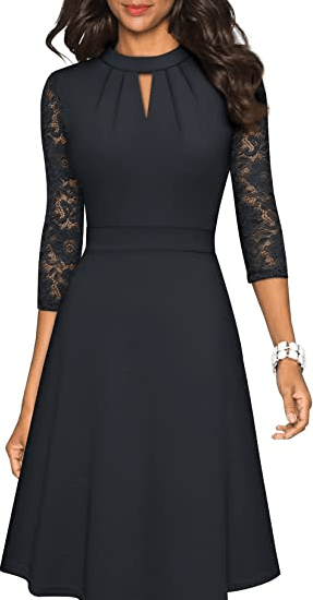 HOMEYEE Women's Elegant Hollow Out Lace Sleeve Swing Pleated Party Cocktail Dress A234